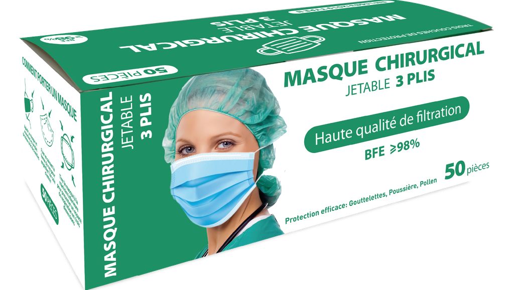 SM Masque chirurgical BFE 98% - 3 plis bleu (boite de 50)